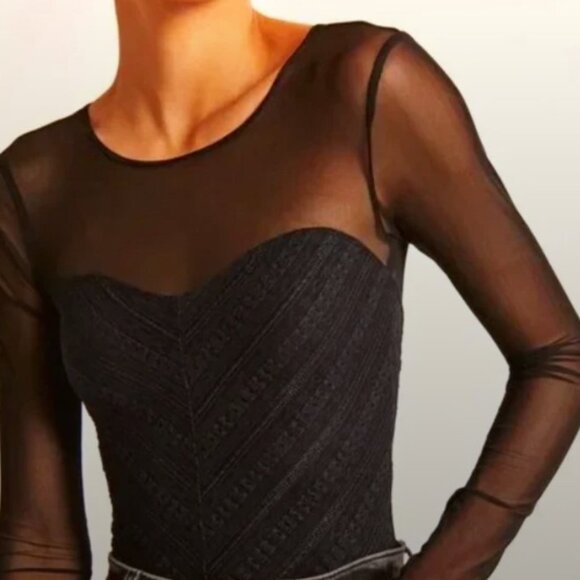 ABERCROMBIE & FITCH Navy Blue Lace & Black Sheer One Piece Bodysuit Size M NWT - Picture 2 of 7